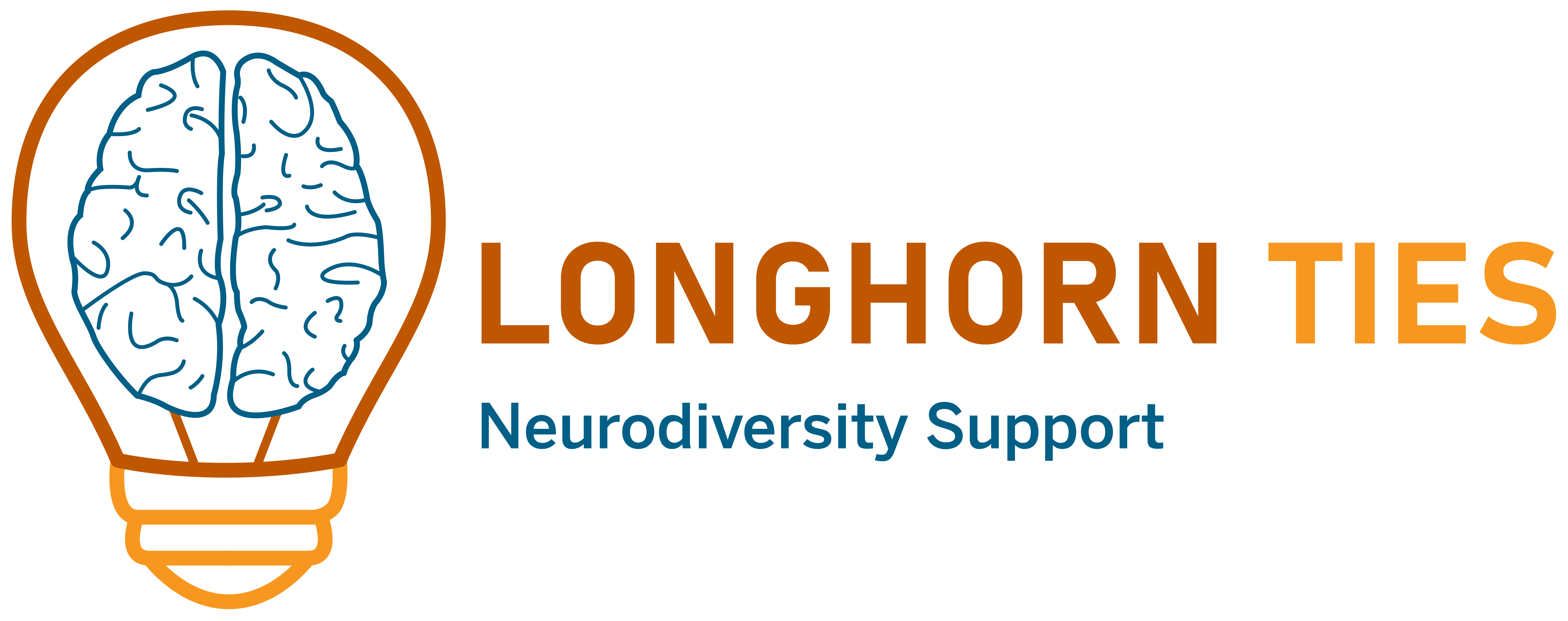 Light bulb with brain inside of it next to the word mark Longhorn TIES Neurodiversity Support.