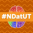 #NDatUT Written out on top of a rainbow brain with an orange wavy background