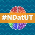 #NDatUT Written out on top of a rainbow brain with an blue wavy background