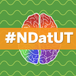 #NDatUT Written out on top of a rainbow brain with an green wavy background