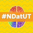 #NDatUT Written out on top of a rainbow brain with an yellow wavy background