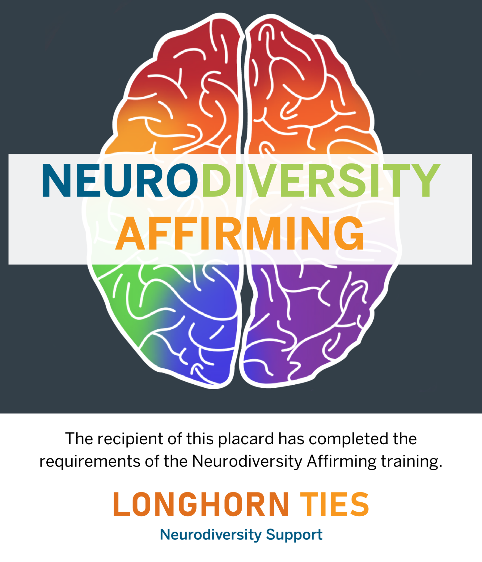 Neurodiversity Affirming written on top of a rainbow colored brain with the Longhorn TIES logo below it.