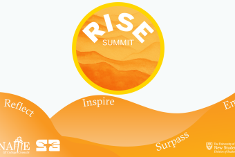 RISE 2024 Summit logo on orange waves of text that say "Reflect, Inspire, Surpass, Emerge"