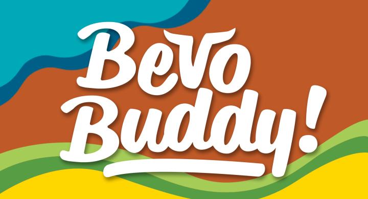 Bevo Buddy logo over a background of UT colors
