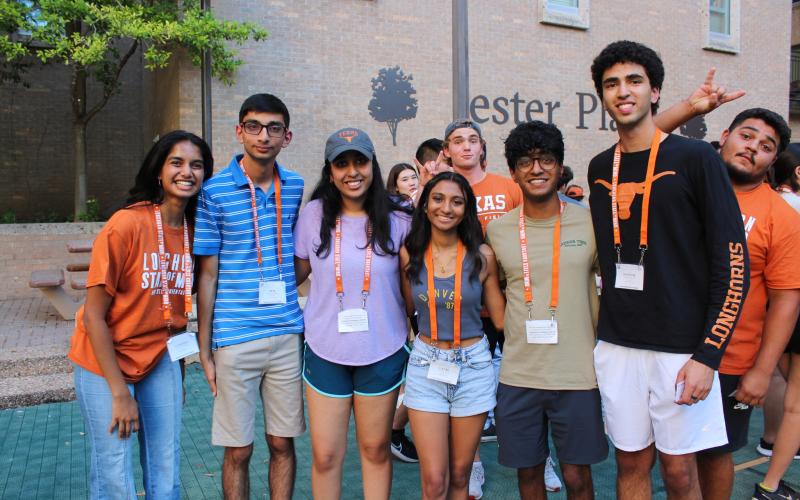 students posing together in Jester Plaza