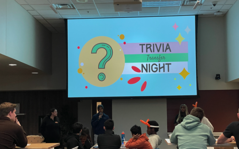 students looking at a powerpoint on a pull-down projector screen that says "Trivia Transfer Night"